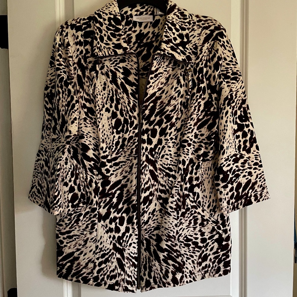 Weekends by Chico's Animal Print Zippered Jacket - 3/4 Length Sleeves - Size 1